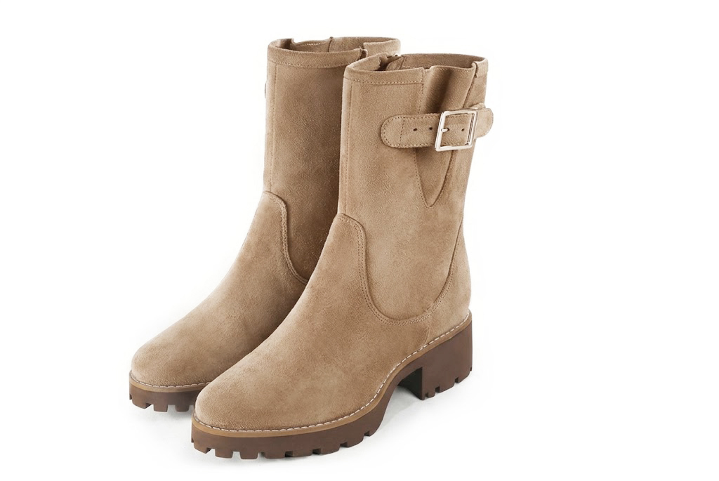 Women's sand side-buckle ankle boots with round toe and chunky rubber lug sole - Front view